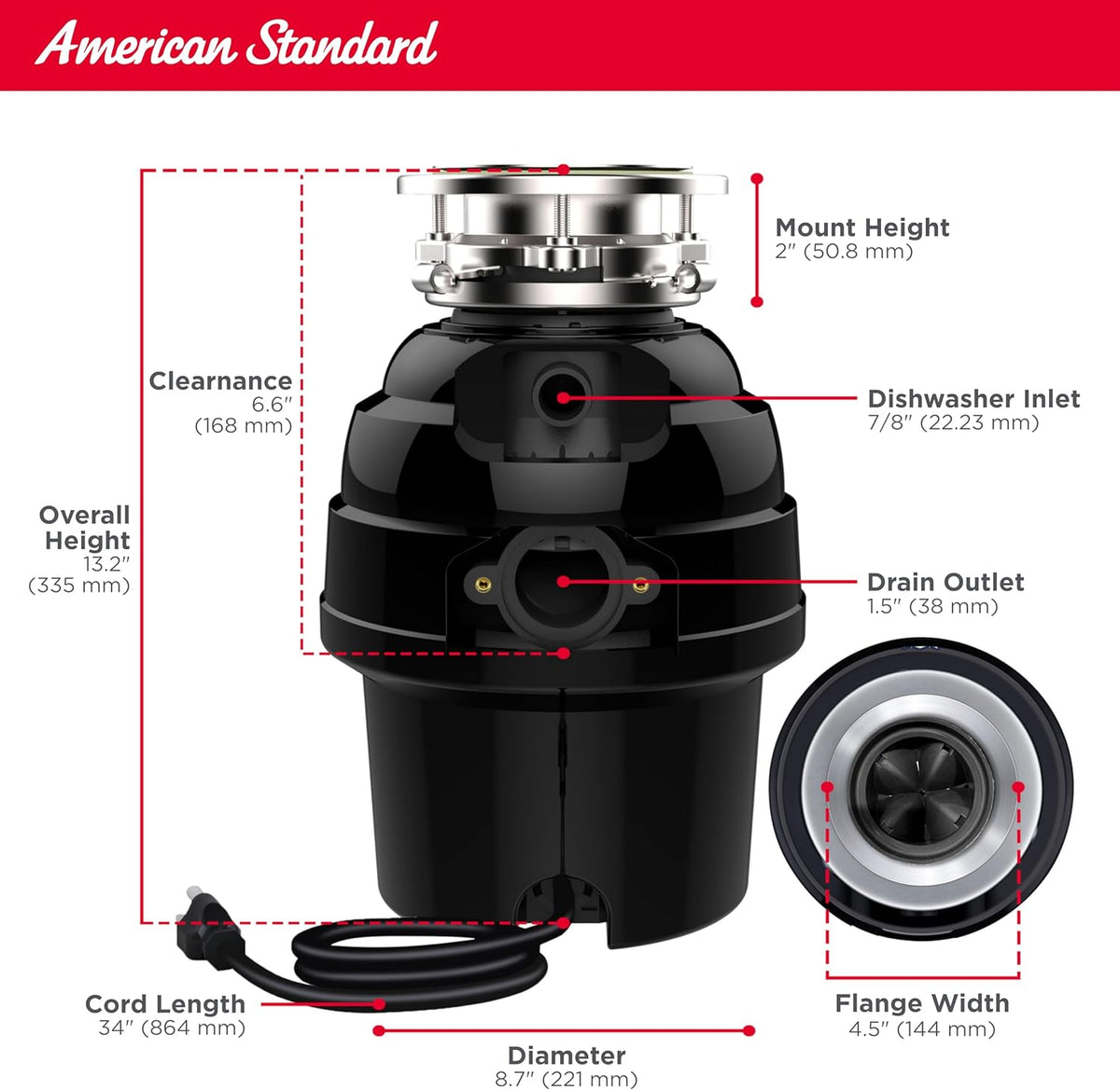 American Standard 10-US-AS-5-HD Garbage Disposal Anti-Jam Stainless Steel Food Waste Grinding