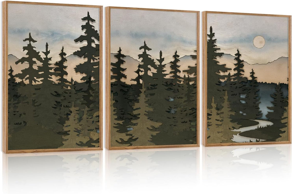 HPNIUB Vintage Mountain Framed Canvas Wall Art Set, Boho Sunrise Art Prints, Forest Nature