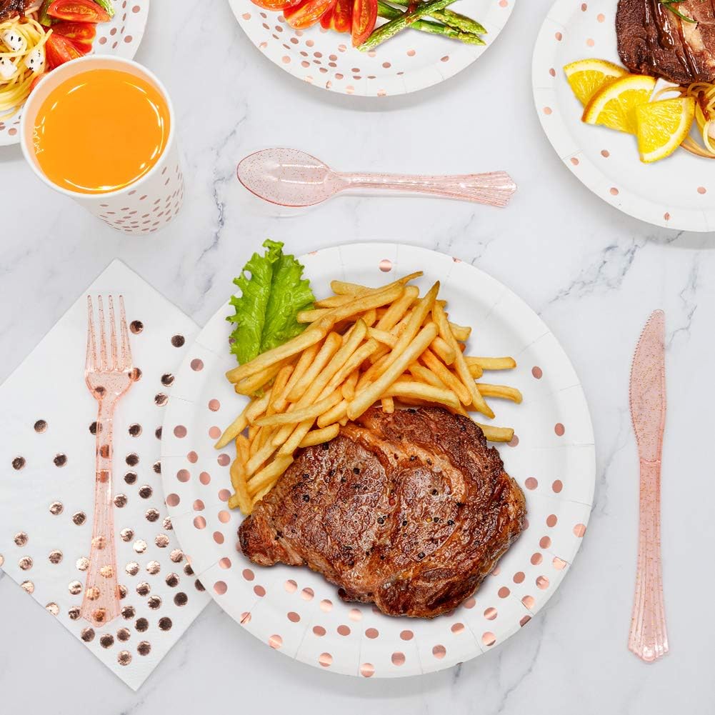 White & Rose Gold Party Supplies - 350 PCS Disposable Dinnerware Set with Paper Plates Napkins