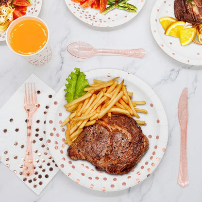 White & Rose Gold Party Supplies - 350 PCS Disposable Dinnerware Set with Paper Plates Napkins