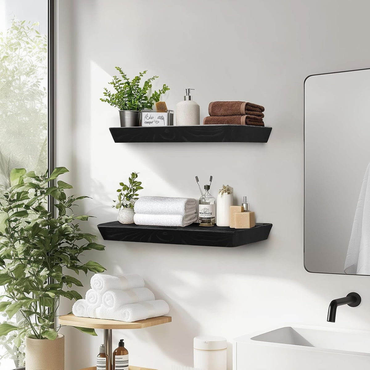 16"x6.8"x1.6" Slanted Floating Wall Shelves 2-Pack - Rustic Black Finish, Heavy-Duty Solid Wood