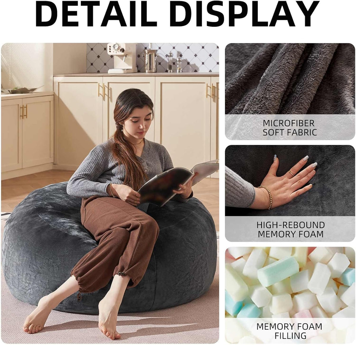 Bean Bag Chair 3Ft, Memory Foam Filled, Large Beanbag Chairs for Adults and Teens, Soft Sofa with