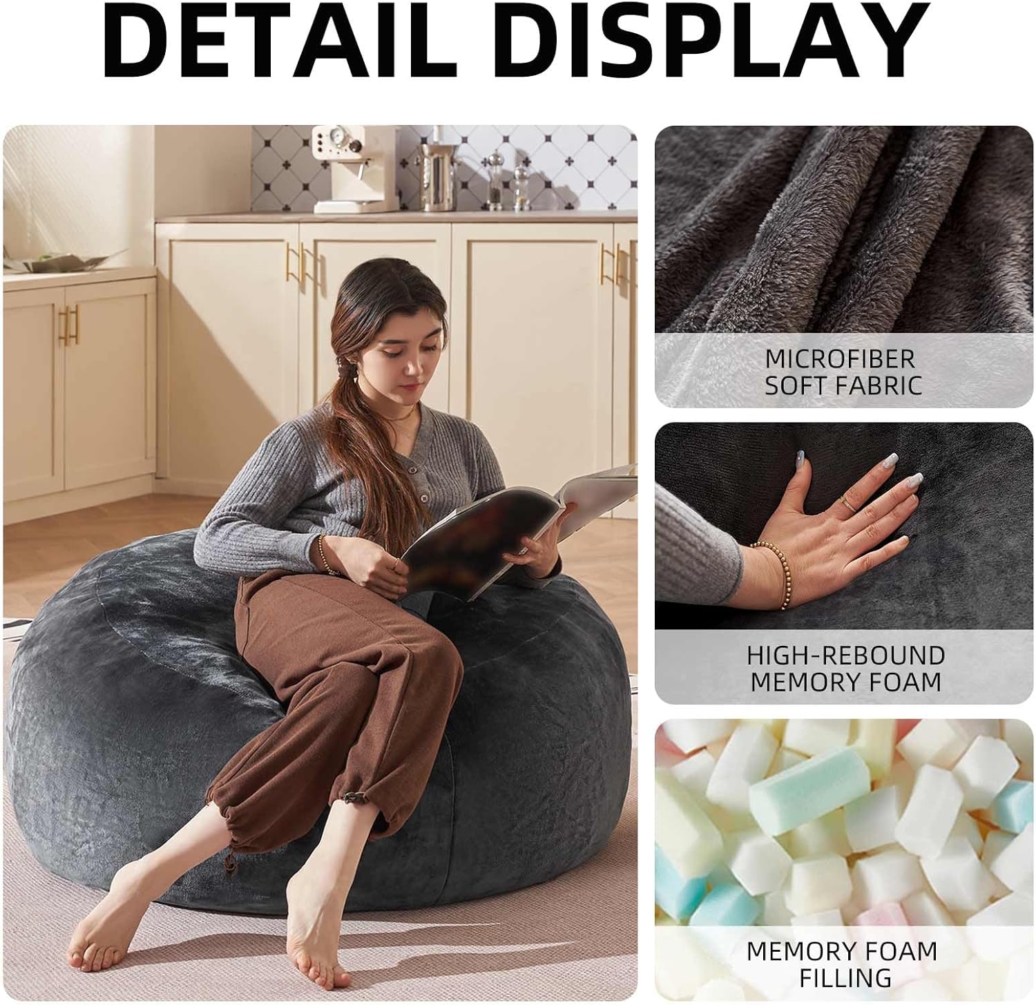 Bean Bag Chair 3Ft, Memory Foam Filled, Large Beanbag Chairs for Adults and Teens, Soft Sofa with