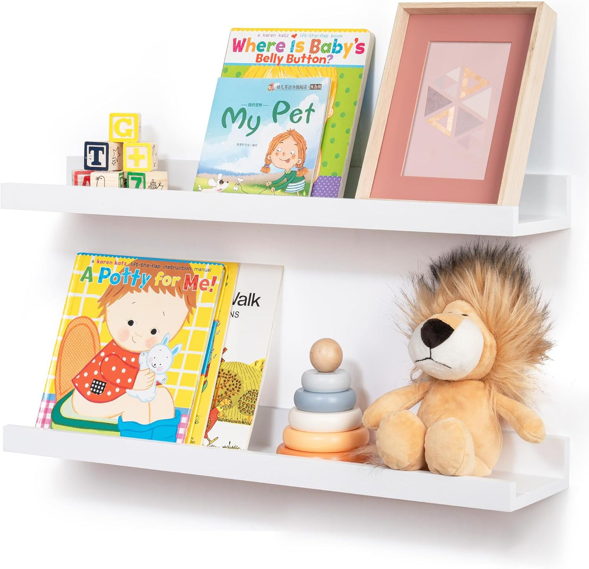 Picture Ledge Shelf for Wall, 24 inch Solid Pine Wood Nursery Book Shelves 2 Packs, Floating Ledge