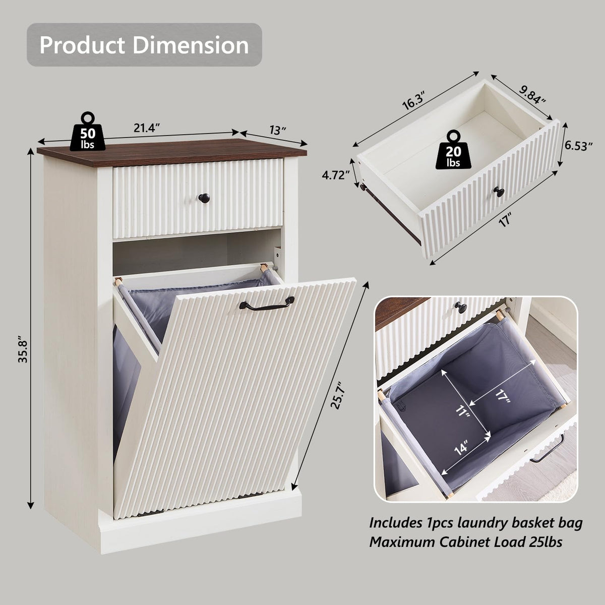 Modern Tilt-Out Trash Can Cabinet, 10 Gallon Fluted Laundry Hamper Cabinet with Drawers, Wooden