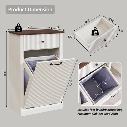 Modern Tilt-Out Trash Can Cabinet, 10 Gallon Fluted Laundry Hamper Cabinet with Drawers, Wooden