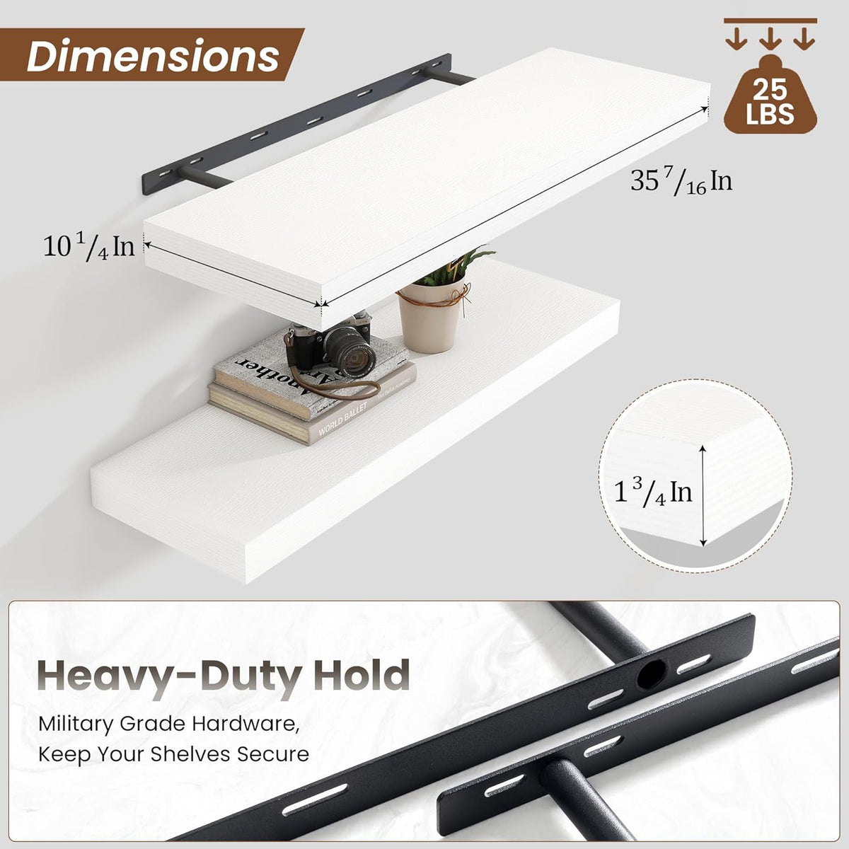 Heimlove 36 Inch White Floating Shelves for Wall,10 Inch Deep Wood Shelves with Invisible