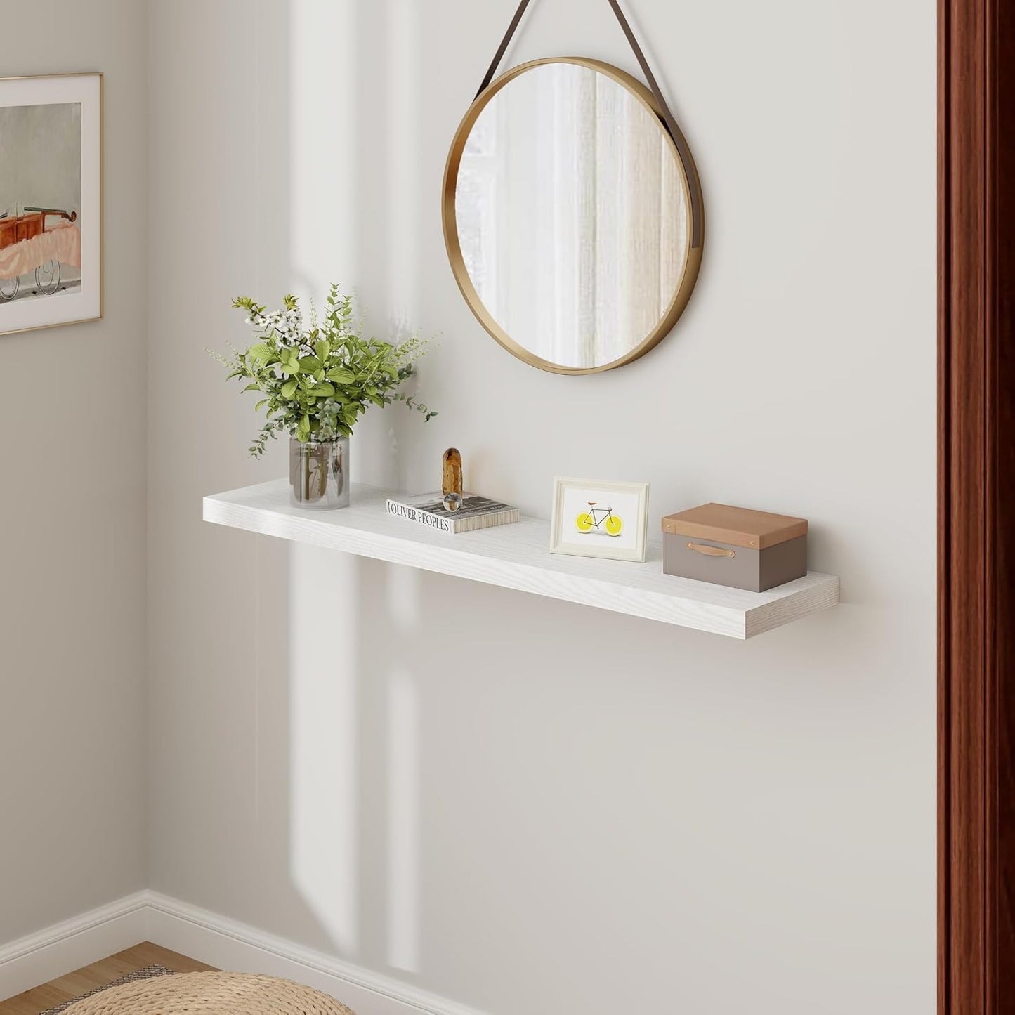 48 Inch Floating Shelves White, Rustic Wood Floating Shelf Wall Mounted, 9 Inch Deep Floating Shelf