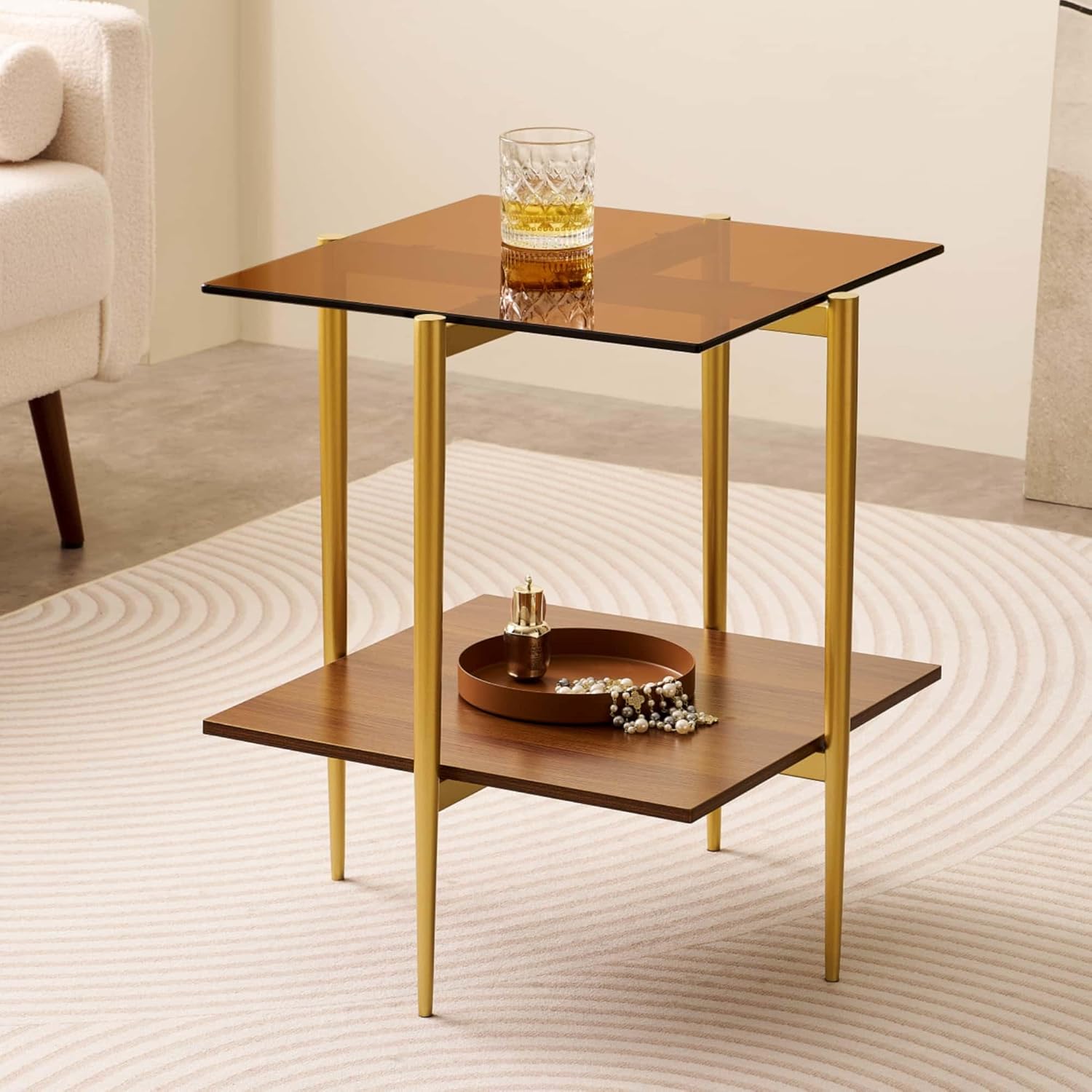 Glass End Table, Mid-Century Modern Design Sofa Table, L41 x W21 x H17, for Living Room, 2-Tier