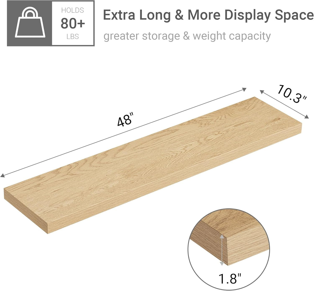 Single Floating Shelves Oak 48 Inches, 48 x 10 inch Deep x 1.8 in Thick, Long Wall Shelves Heavy