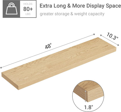 Single Floating Shelves Oak 48 Inches, 48 x 10 inch Deep x 1.8 in Thick, Long Wall Shelves Heavy
