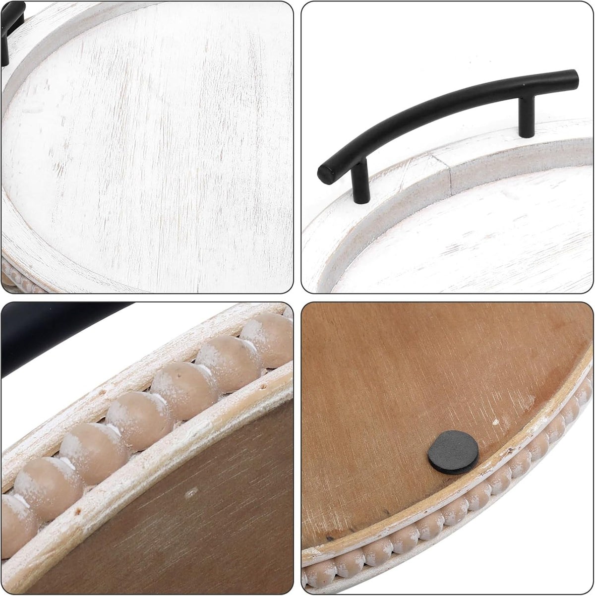 SwallowLiving White Wooden Beaded Serving Tray with Handle Decorative Rustic Whitewashed Tray for