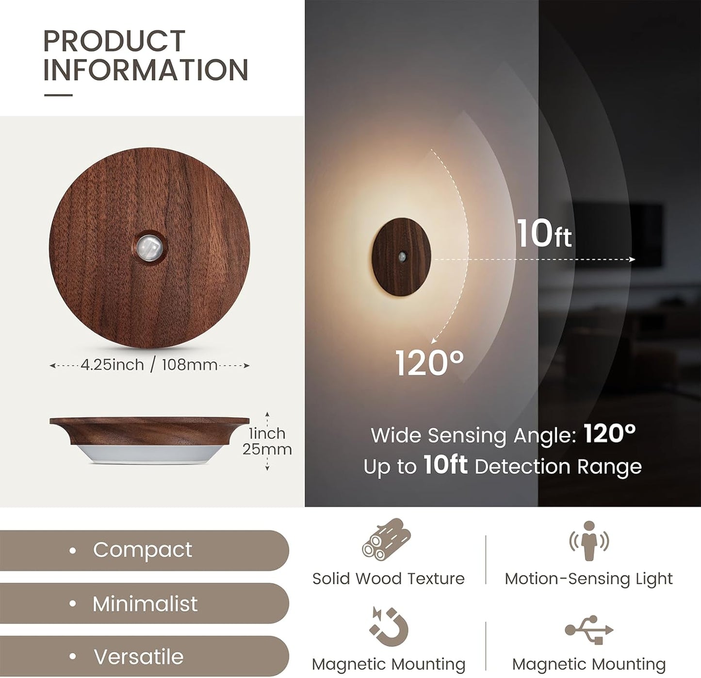 Motion Sensor Night Light Wood Rechargeable Battery-Powered Stick-On Step Lights Loftie Lights