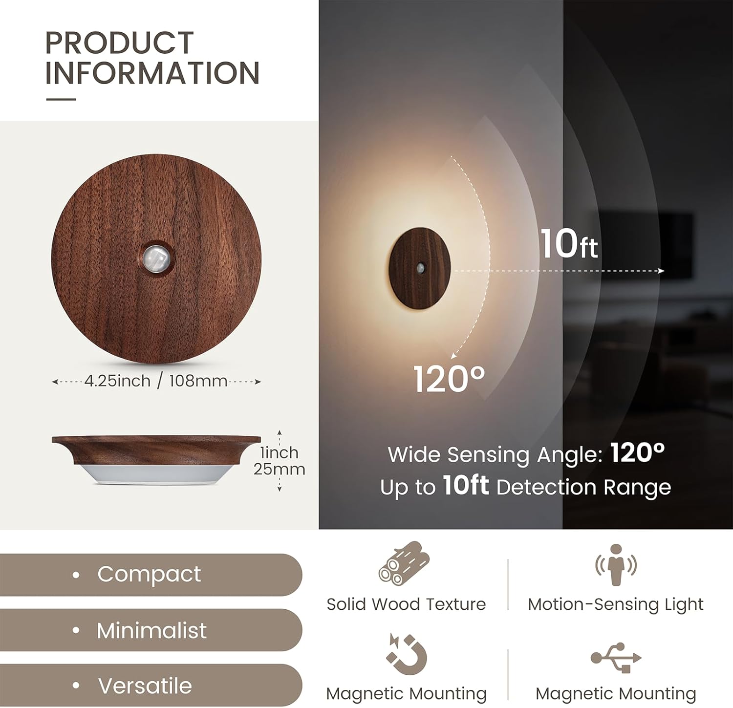 Motion Sensor Night Light Wood Rechargeable Battery-Powered Stick-On Step Lights Loftie Lights