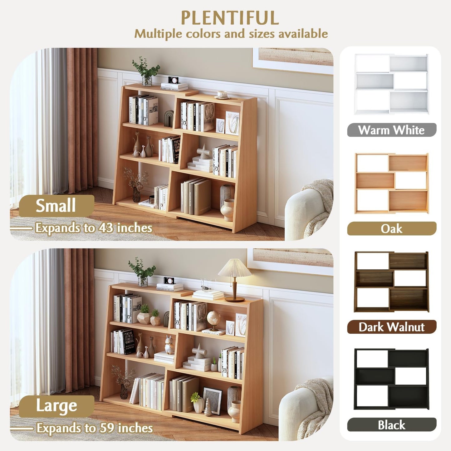 IOTXY Wooden Extendable Shelf Bookcase - 3-Tier Ladder Low Short Bookshelf for Small Space or