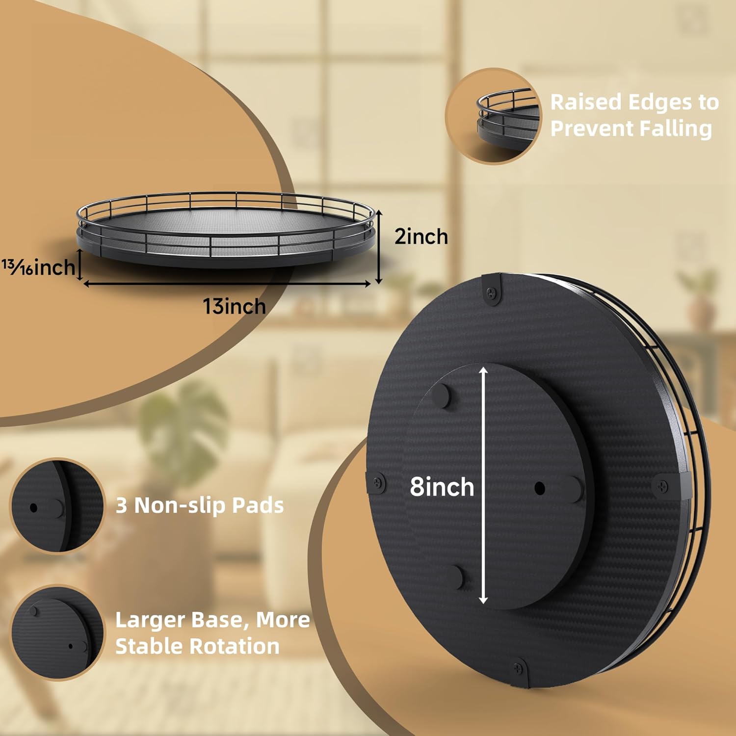 13" Lazy Susan Turntable Organizer for Table Top, Round Wooden Lazy Susan for Cabinet Kitchen Decor