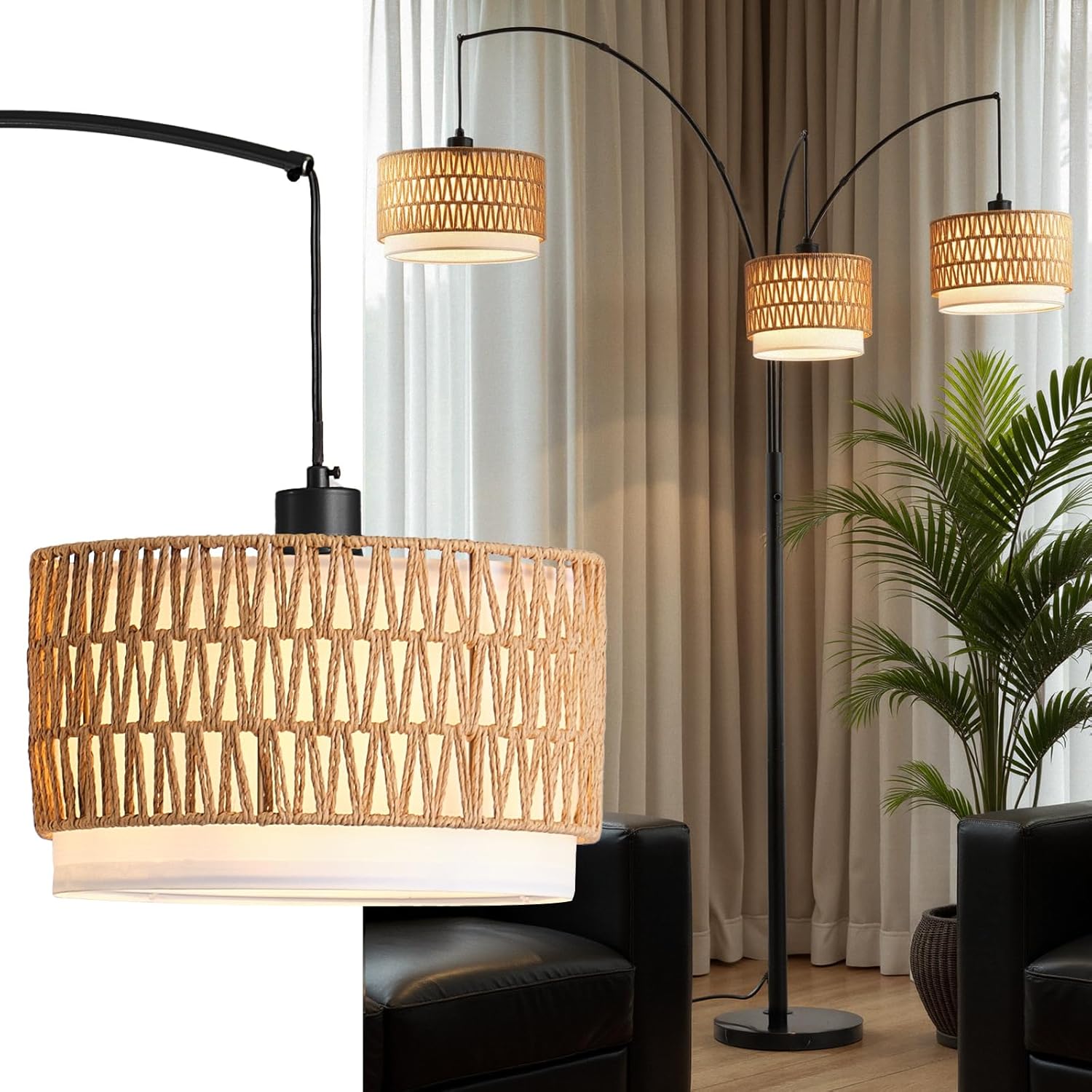Rattan Floor Lamp for Living Room, 80 Inch Tall Boho Floor Lamp with Rotary Switch, 3 Lights Arc