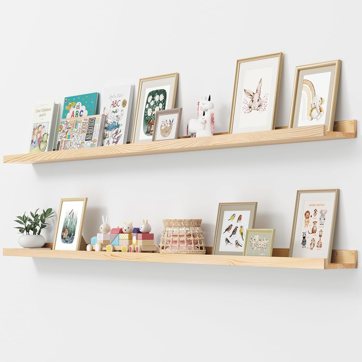 Picture Ledge Shelf, Floating Shelves Set of 2, Solid Pine Wood 72'' Long Large Nursery Book