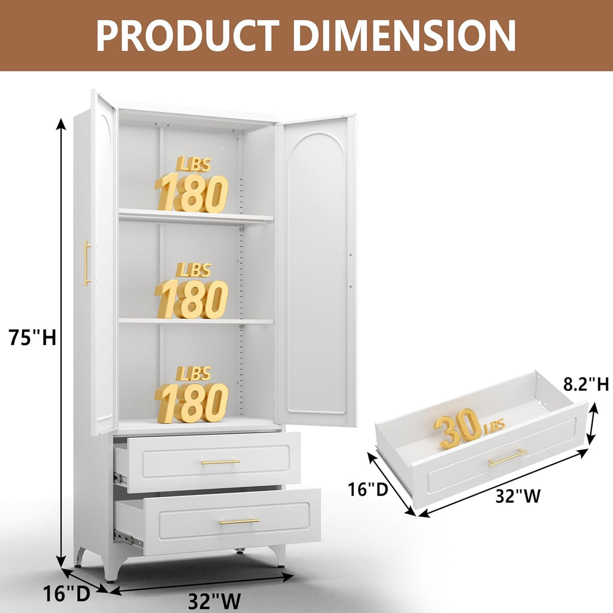 Kitchen Pantry Cabinet, 75" Tall Metal Pantry Cabinet with Two Drawers, Food Cupboards with Doors