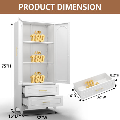 Kitchen Pantry Cabinet, 75" Tall Metal Pantry Cabinet with Two Drawers, Food Cupboards with Doors