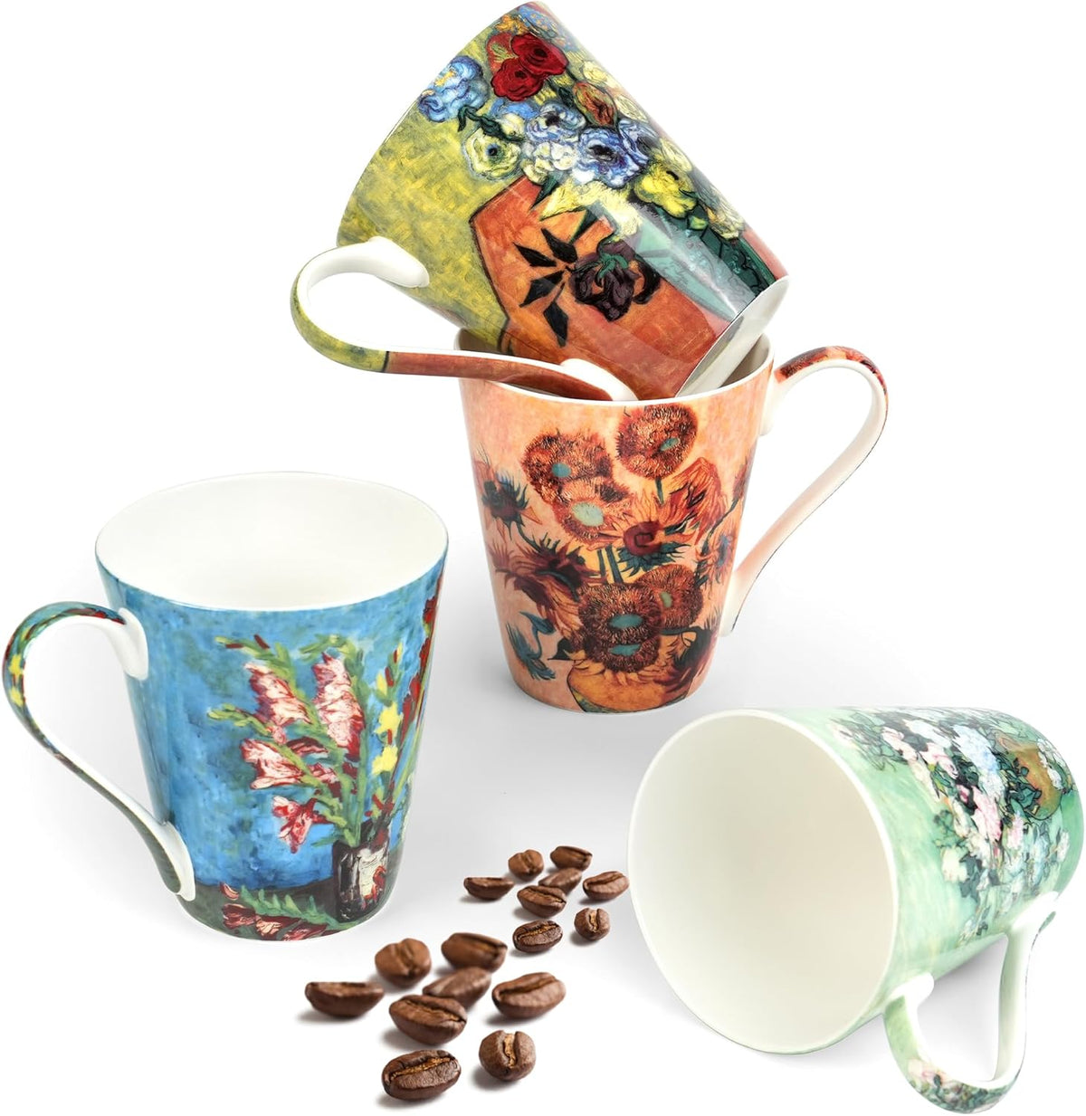 Coffee Mug Sets of 4, 12oz Bone China Porcelain Cups with Art Print Large Handle Dishwasher