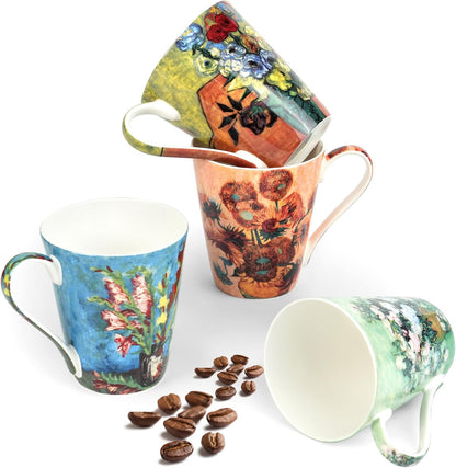 Coffee Mug Sets of 4, 12oz Bone China Porcelain Cups with Art Print Large Handle Dishwasher