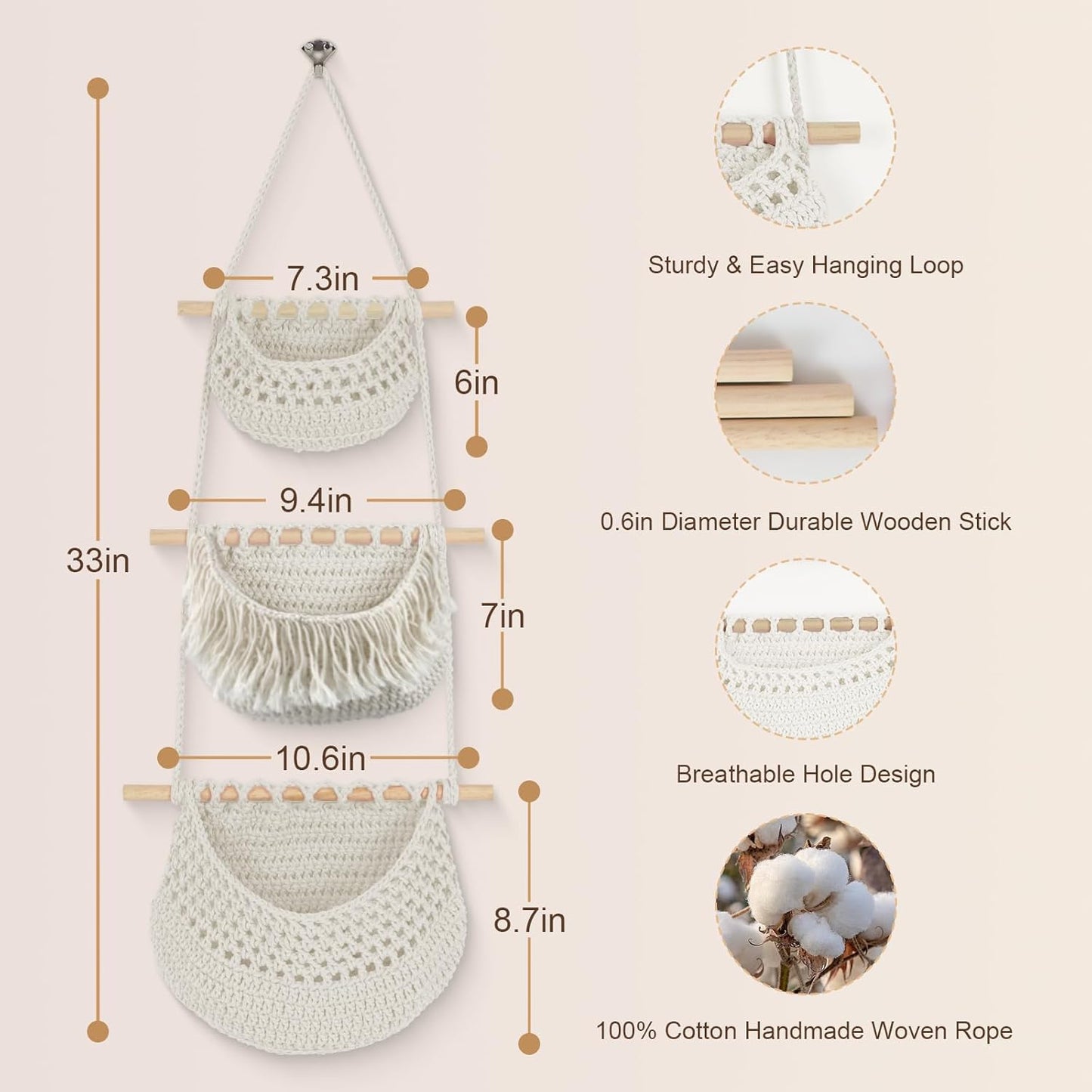 Hanging Baskets for Organizing, 3 Tier Detachable Wall Hanging Fruit Basket Over the Door Organizer