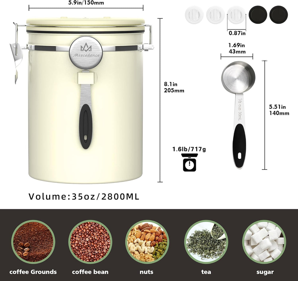 35OZ Coffee Canister for ground coffee with Date Tracker,beige 304 Stainless Steel Kitchen Food