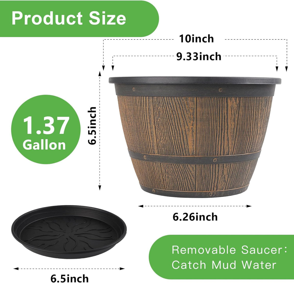 10-inch-Plant-Pots-Indoor-Outdoor, 4 Pack Whiskey Barrel Planters with Drainage Holes & Saucer