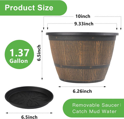 10-inch-Plant-Pots-Indoor-Outdoor, 4 Pack Whiskey Barrel Planters with Drainage Holes & Saucer
