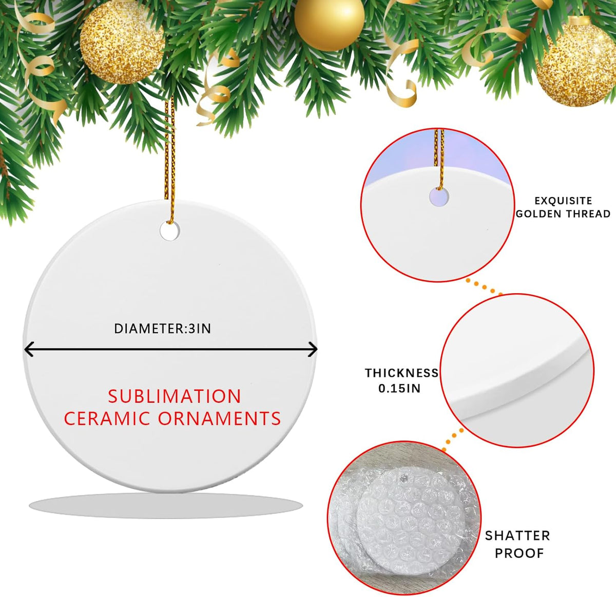 10 PCS Ceramic Sublimation Ornament Blanks Bulk 3 Inch White Round Crafts DIY Personalized Printed