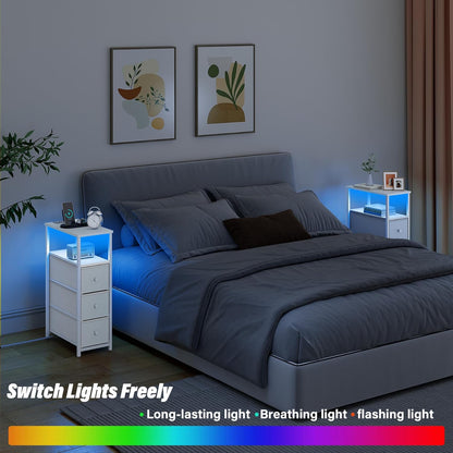 TUTOTAK Narrow LED Night Stand with Charging Station, Slim End Table with Plugins, Tall Side Table