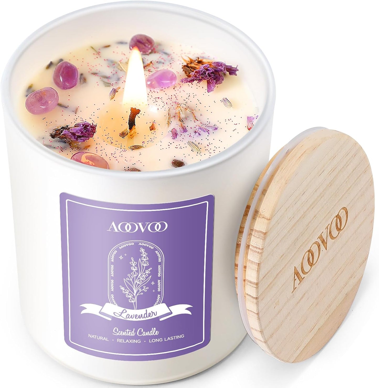 AOOVOO Lavender Scented Candles for Women - Aromatherapy Candle with Crystals Inside, 10oz Soy