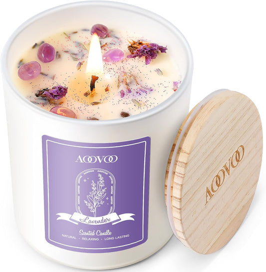 AOOVOO Lavender Scented Candles for Women - Aromatherapy Candle with Crystals Inside, 10oz Soy