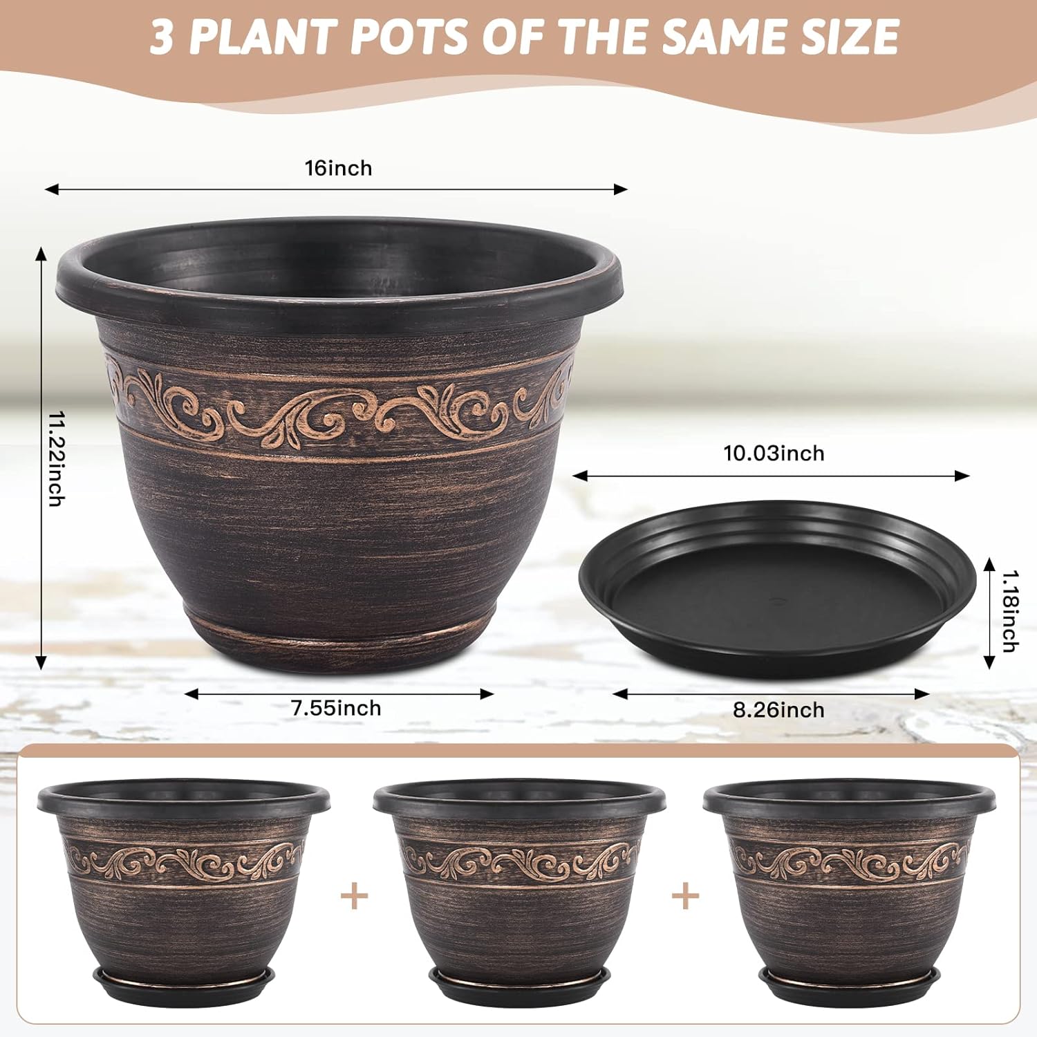 Plastic-Plant-Flower-Planters-16 Inch with Drainage Hole & Saucer, 3 Packs Lightweight Small Resin