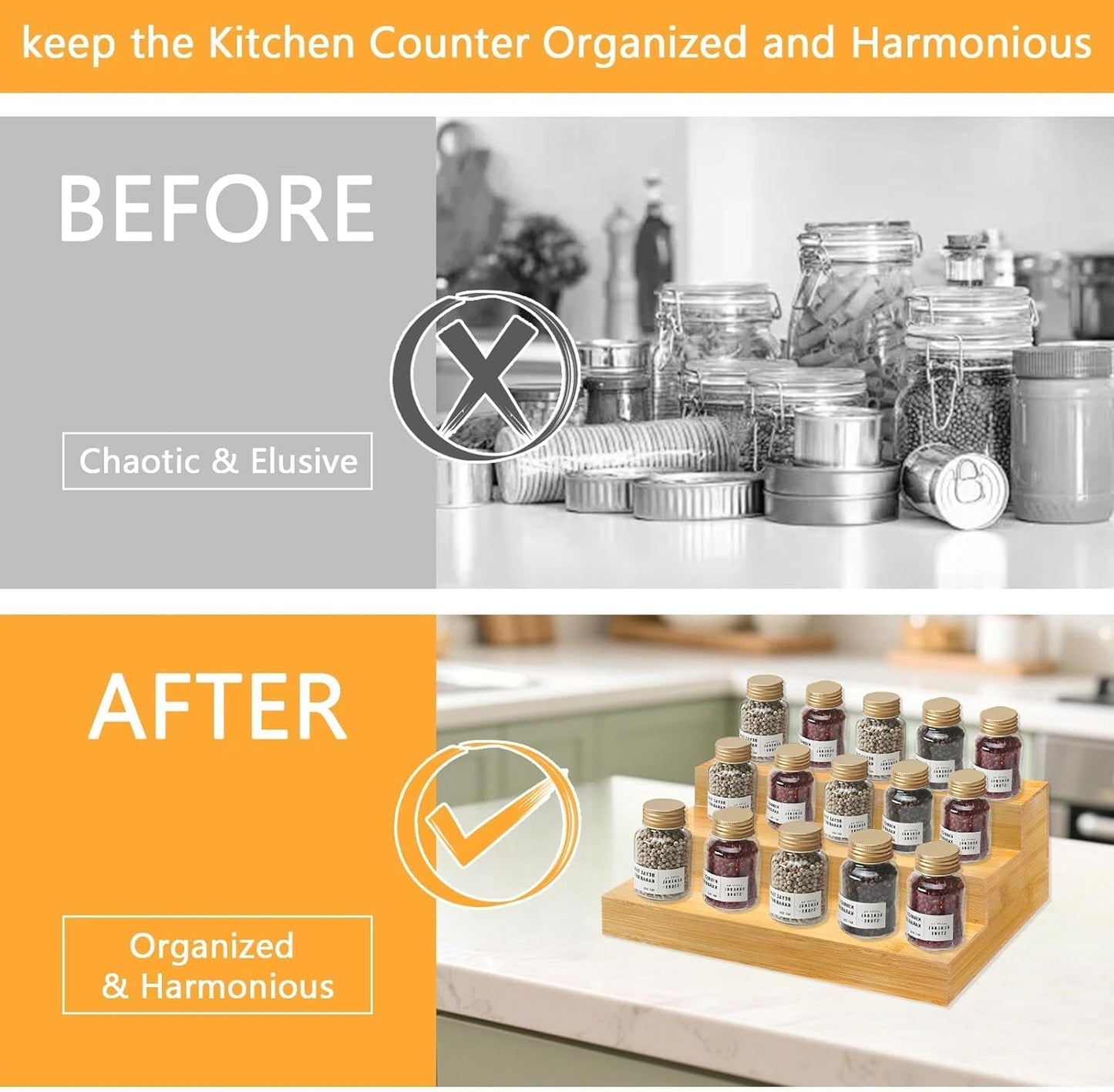 Spice Rack Organizer for Cabinet - Bamboo Spice Shelf, 3 Tier Seasoning Organizer for Countertop