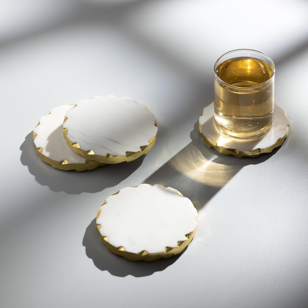 Set of 6 Real Marble Coasters with Golden Borders, decoratice White & Gold Coasters for Desk