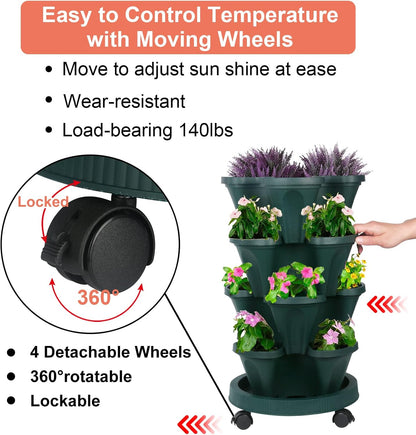 DUNCHATY Stackable Planter, Vertical Garden Planter with Wheels and Tools, Self Watering Strawberry