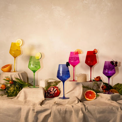 Saludi Colored Wine Glasses, 16.5oz (Set of 6) Stemmed Frida-Color Glass - Great for all Wine Types