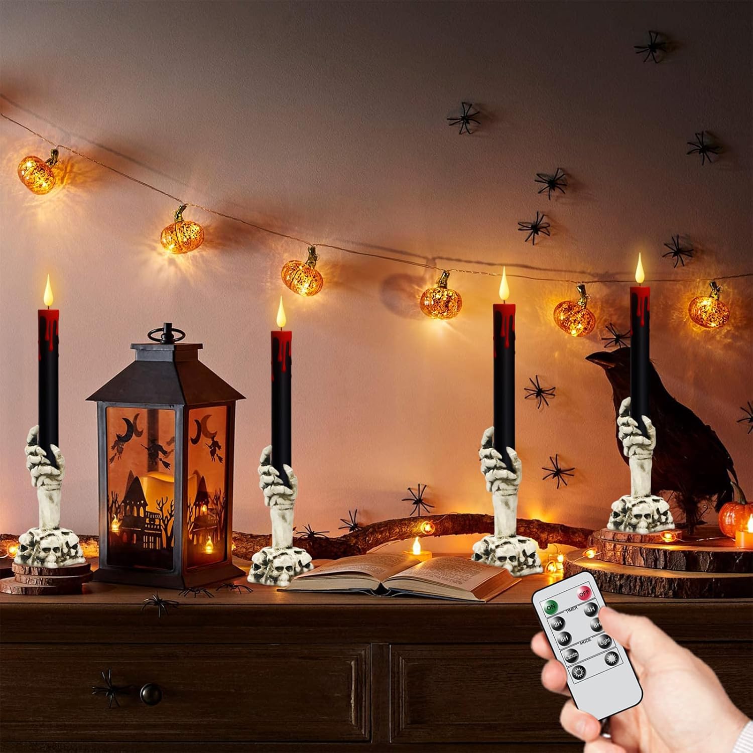 GenSwin Halloween Black Taper Flameless Candles with Ghost Hand Candlesticks and Remote Timer, 2