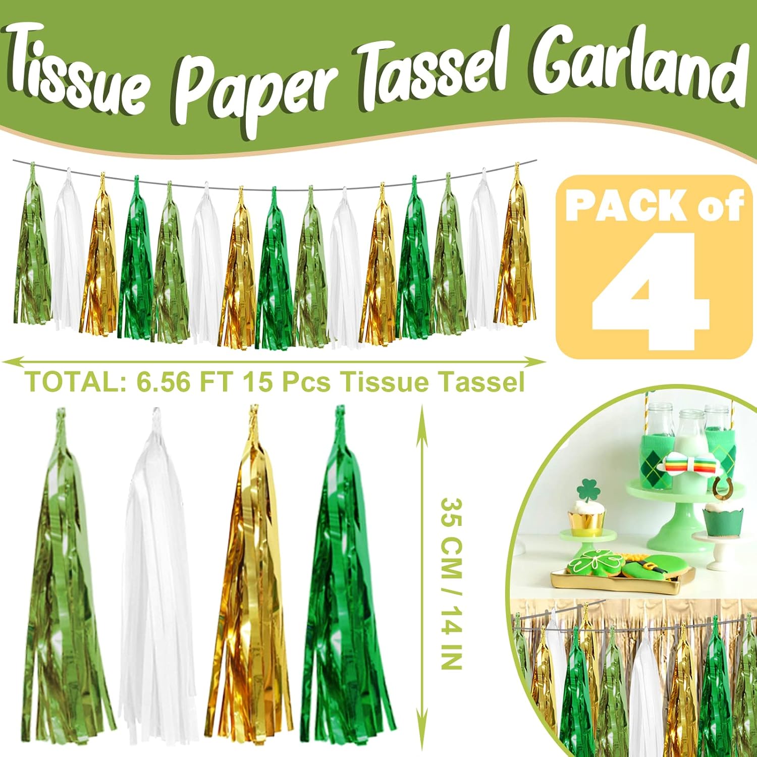 4P Sage-Green Beige-Mint Gold Foil Fringe Metallic Tassel Garland Banner, Tassels Banner Streamers