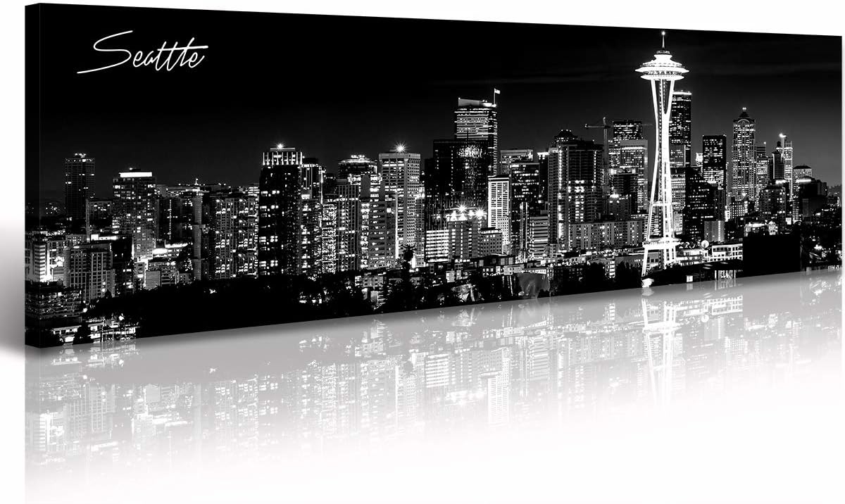 Seattle City Skyline Wall Art Black and White Canvas Prints Panorama Cityscape Picture Night View