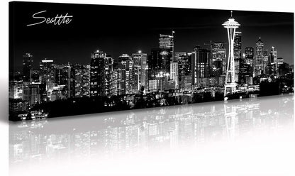 Seattle City Skyline Wall Art Black and White Canvas Prints Panorama Cityscape Picture Night View