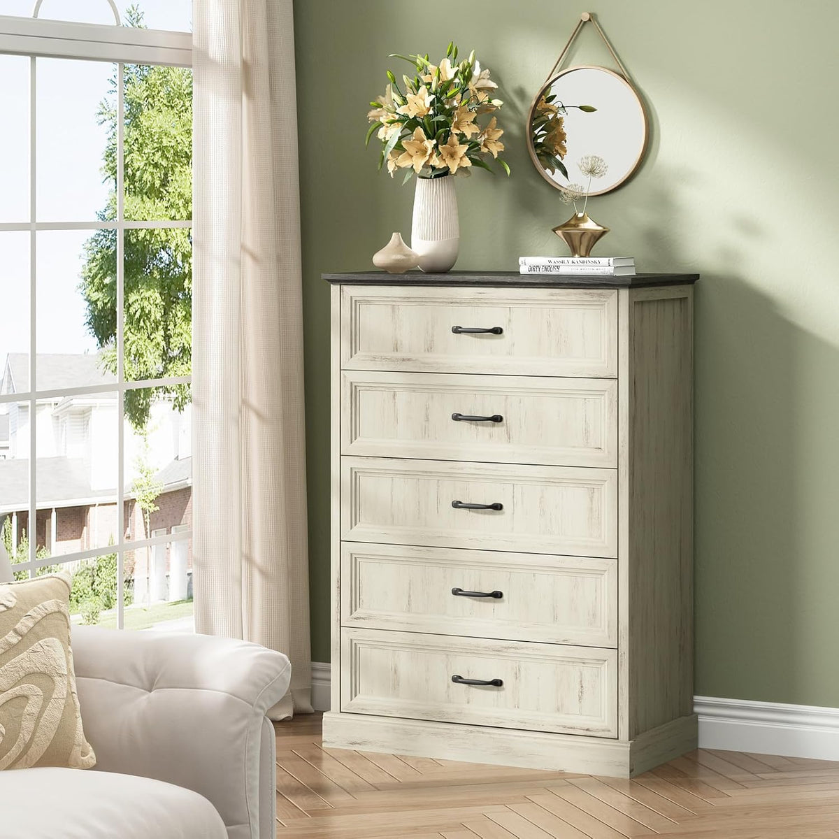 Farmhouse 5 Drawers Dresser for Bedroom, 44" Tall White Dresser Wood Rustic Chest of Drawers with