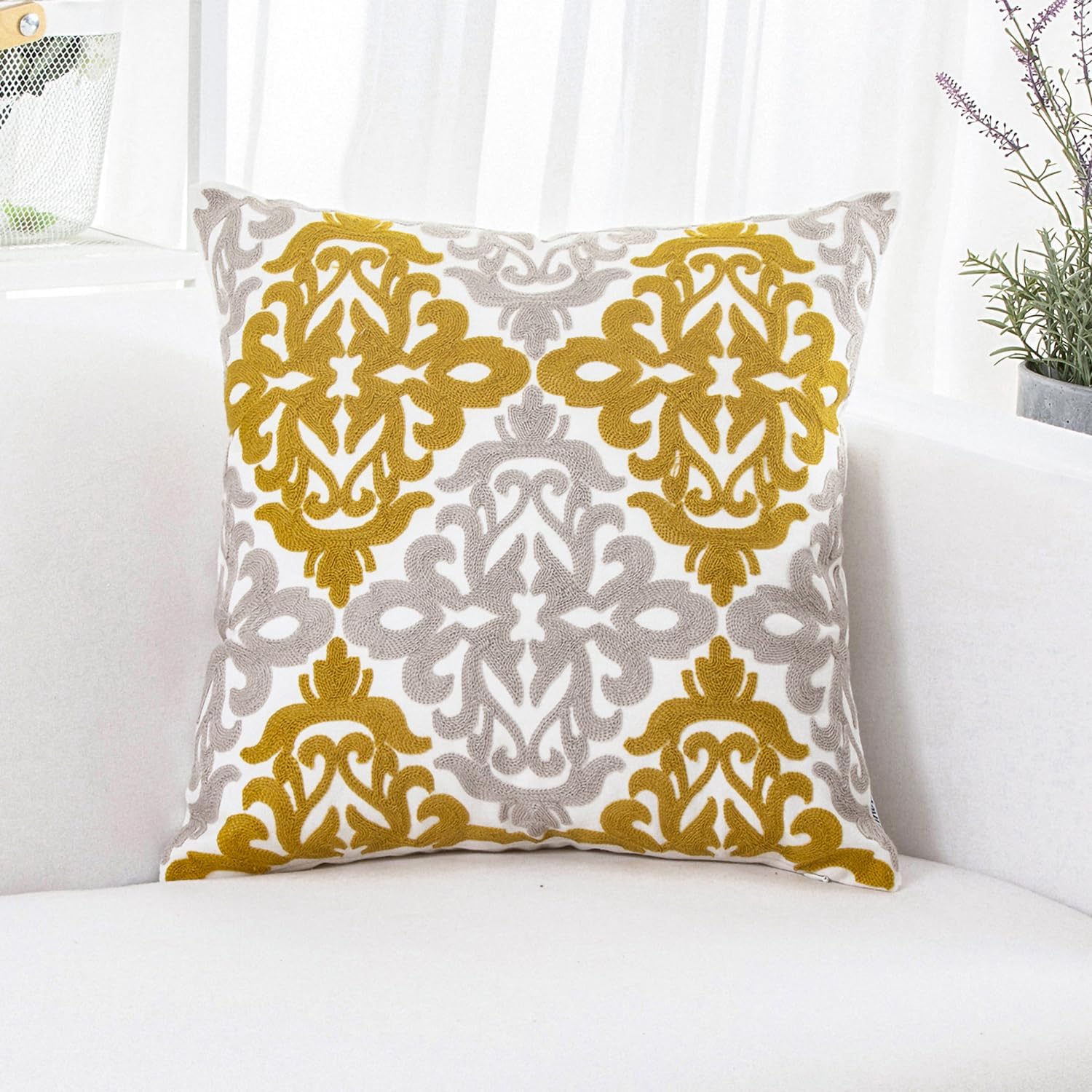 HWY 50 Mustard Yellow Decorative Throw Pillow Covers 18x18 Inch (1 Piece), Embroidered Cotton