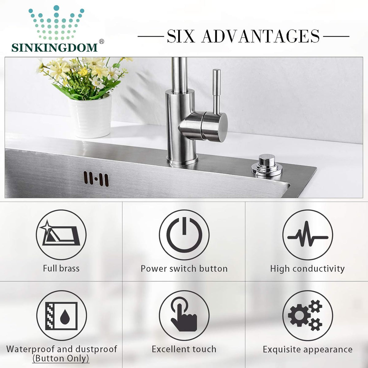 SinkTop Air Switch Kit (Long Full Brass Button) for Disposal, Dual Outlet, (Chrome)