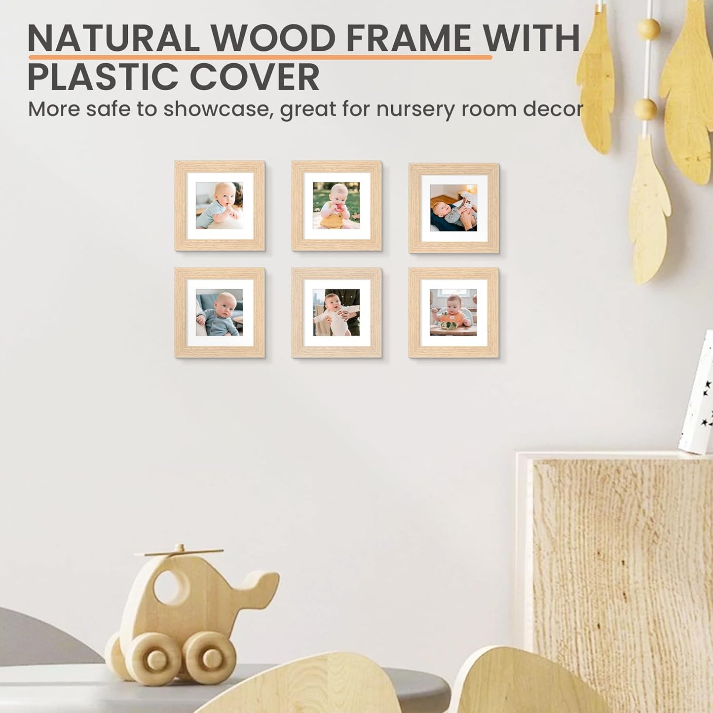 upsimples 4x4 Picture Frame, Natural Solid Wooden Picture Frames, Display 3x3 with Mat or 4 x 4