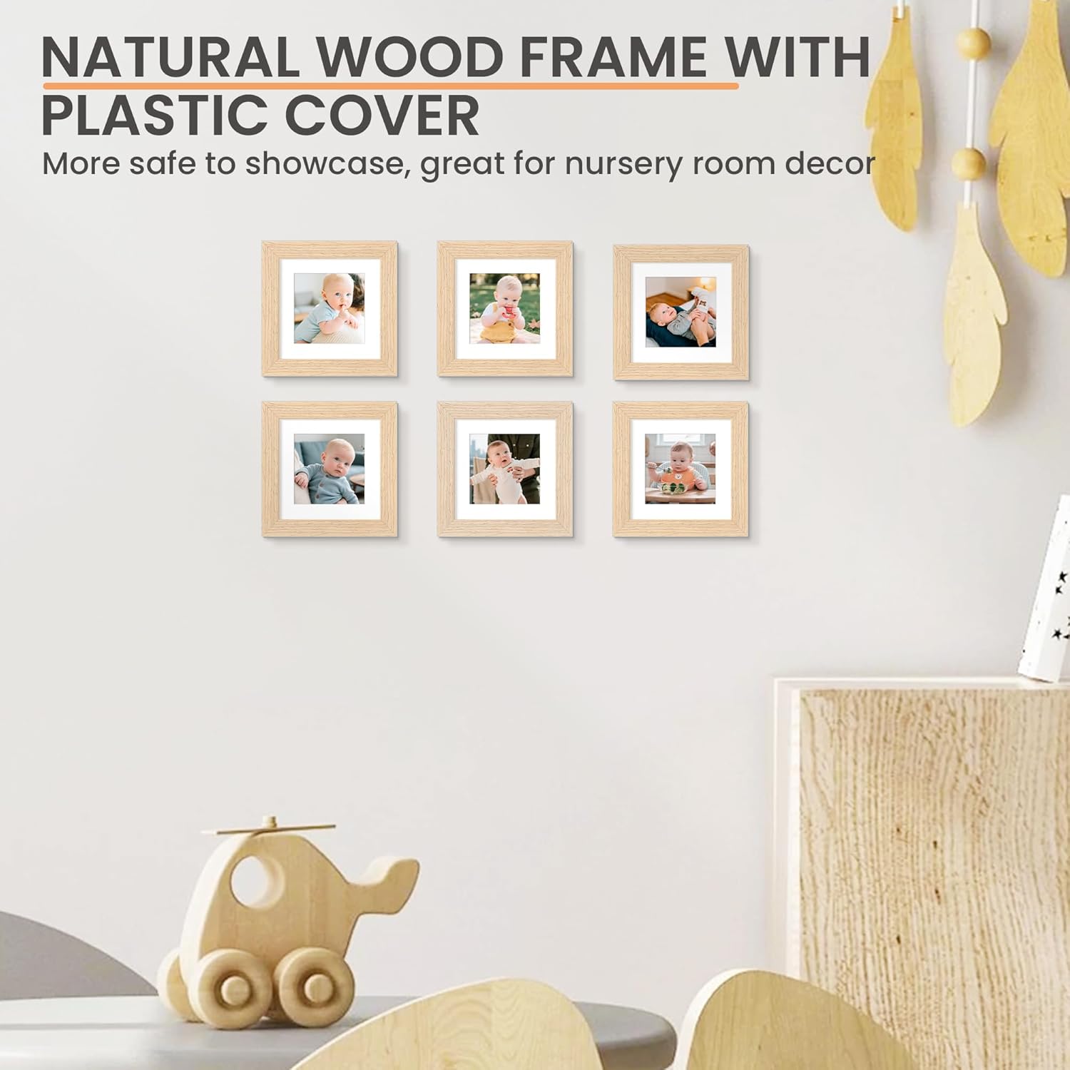 upsimples 4x4 Picture Frame, Natural Solid Wooden Picture Frames, Display 3x3 with Mat or 4 x 4