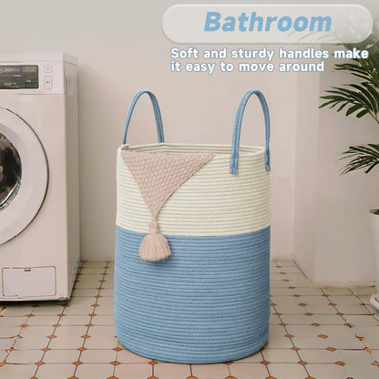 Large Woven Laundry Basket Hamper,60L Cotton Rope Storage Bin for Blankets,Toys and