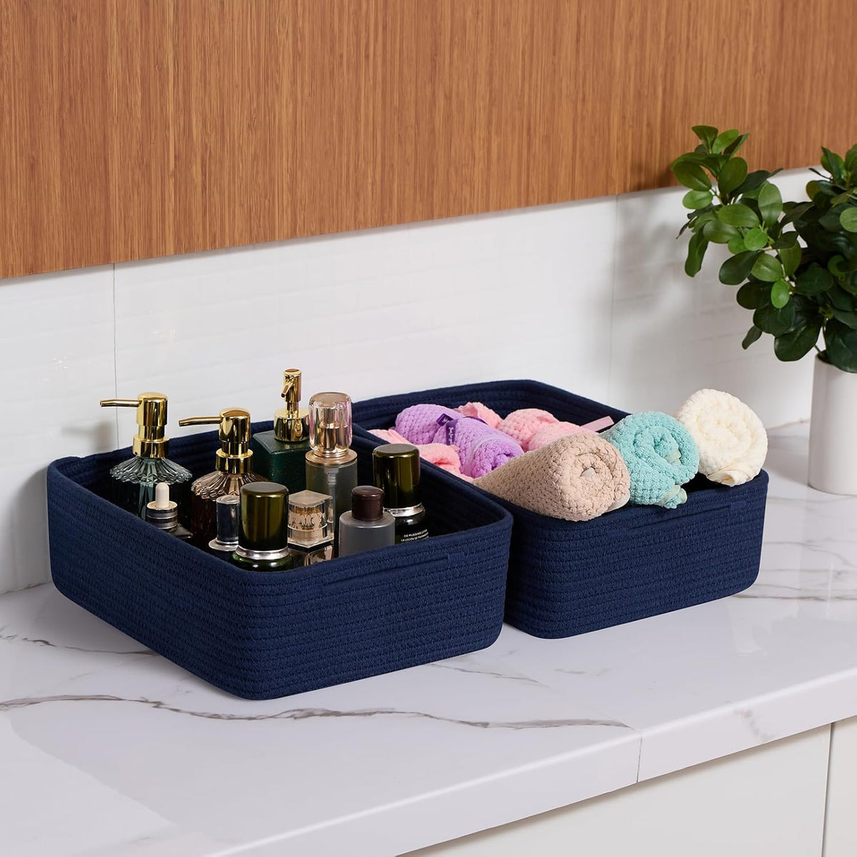 Large Shallow Organizing Baskets 15x11x5.1 Inches - Rope Woven Storage Bins for Bathroom, Shelves